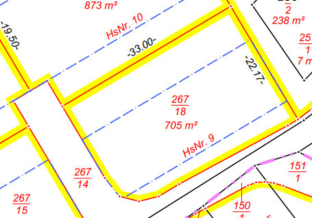 Site plan of building plot with yellow marked boundaries and blue boundary lines
