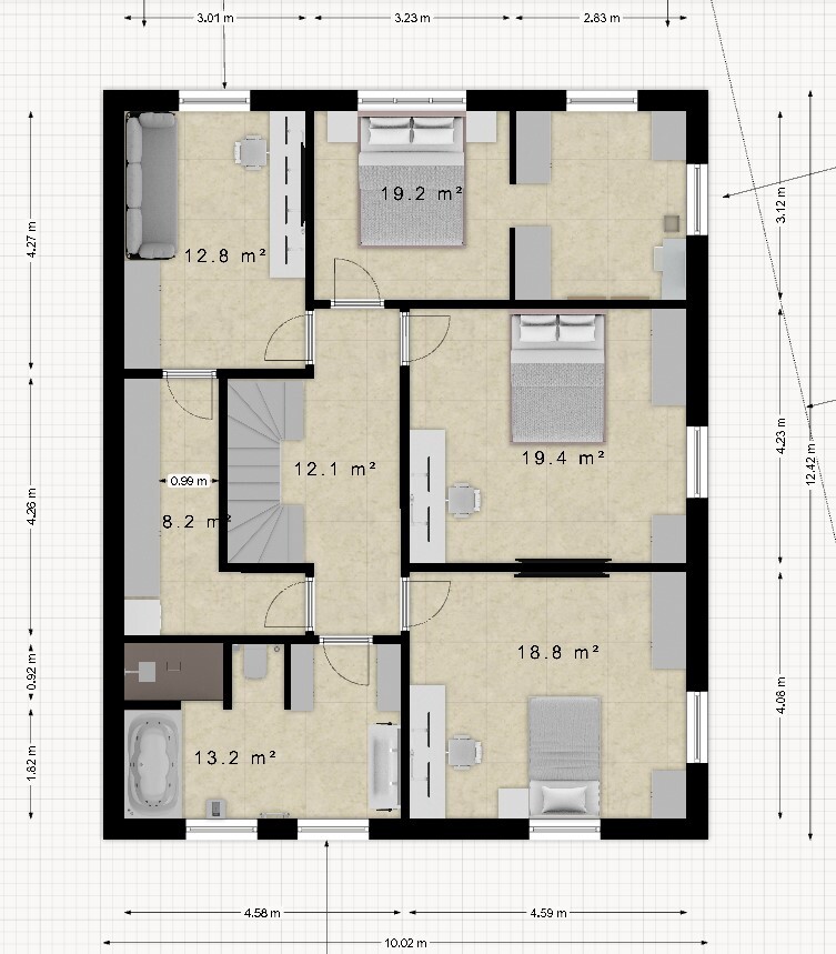 Floor plan of a house with several rooms, bathroom, stairwell and furniture.
