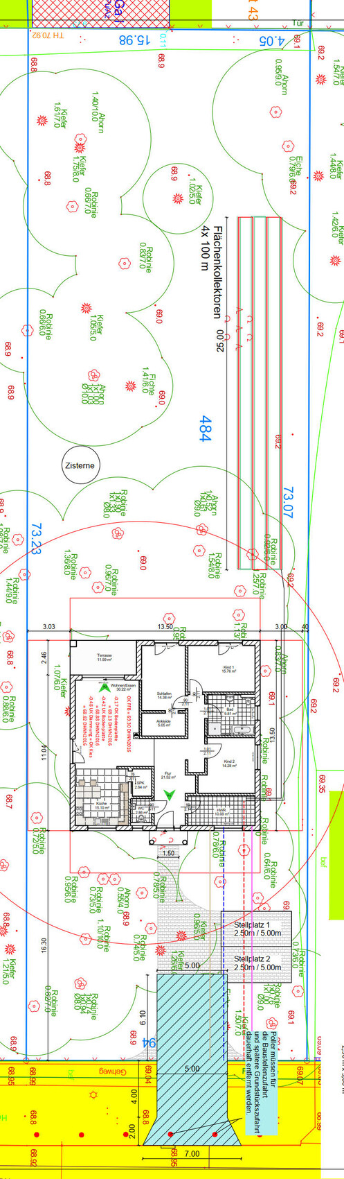 2D floor plan of a house with terrace and surrounding garden