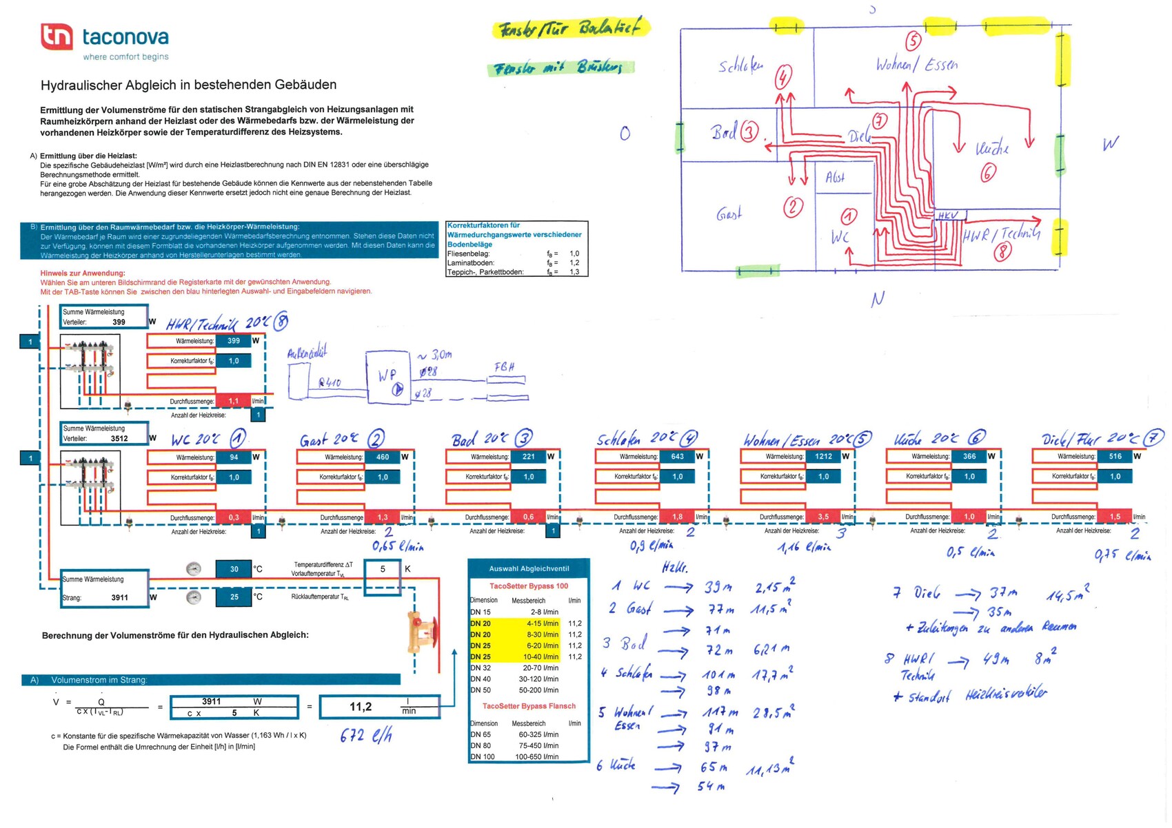Schematic diagram for hydraulic balancing in existing buildings with plans and tables.