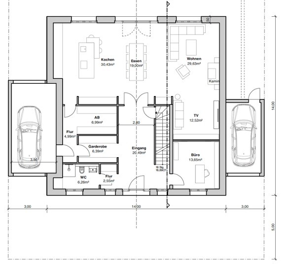 House floor plan: kitchen, dining, living, office, entrance area, garages on left/right.