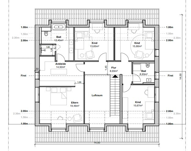 Upper floor plan: master bedroom, three children’s bedrooms, walk-in closet, two bathrooms, corridor, open space.