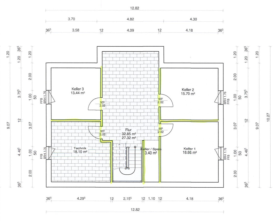 2D basement floor plan with corridor, technical room, and storage rooms