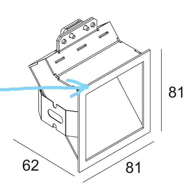 Sketch of a square recessed housing (81x81x62 mm (3.2x3.2x2.4 inches)) with front opening and cable entry on the left.