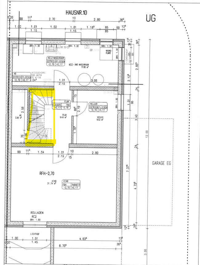 Basement floor plan with stairwell, cellar rooms, and adjoining ground floor garage marked in yellow.