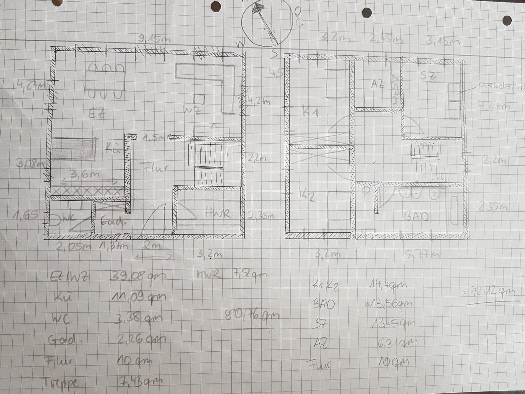 Hand-drawn floor plan of a house with two building sections, rooms, stairs, kitchen, bathroom.