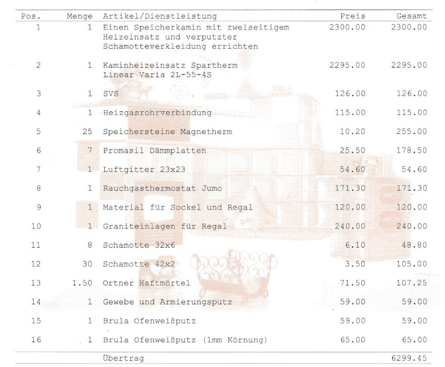 Rechnungsbeleg mit Kamin/Heizung und Bauelementen; Gesamt 6299.45 EUR