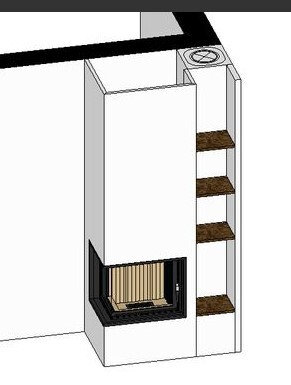 3D-Modell eines modernen Wohnzimmers mit Kamin und integrierten Regalen.