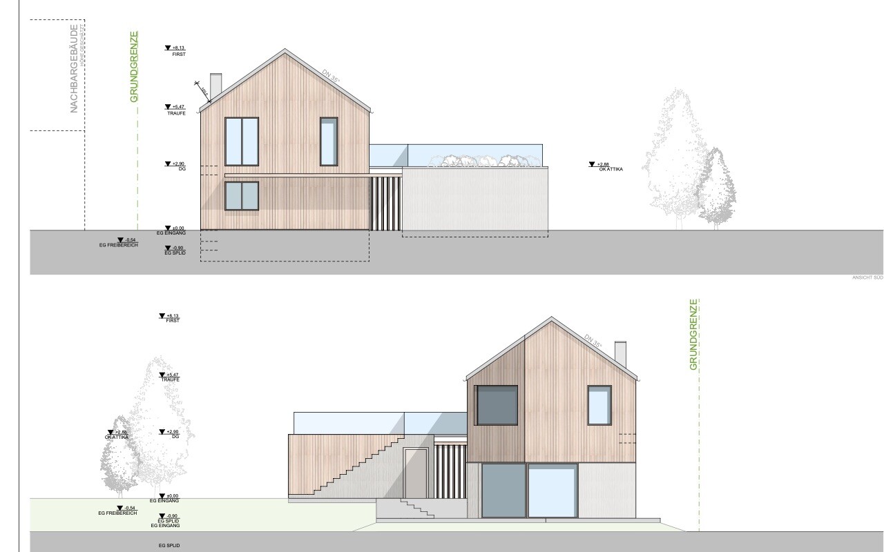 Two-story wooden house with gable roof, wooden facade, extension and stairs (front view)