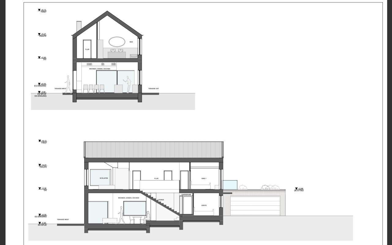 Cross-section and longitudinal section of a multi-story house with stairs, rooms, terrace and garage.