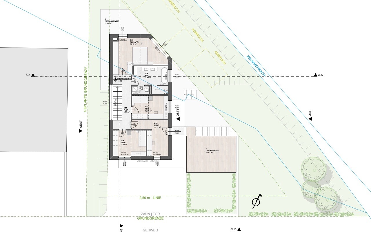 Floor plan of a house with several rooms, stairwell, roof terrace and garden.