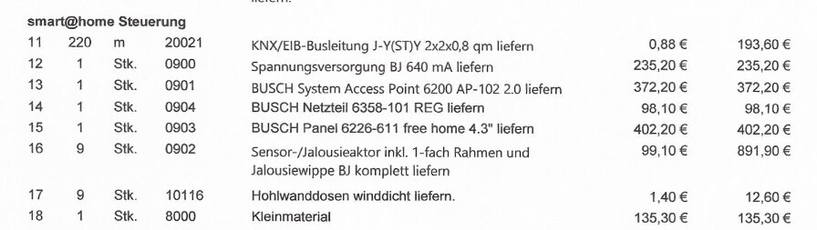 Price list of smart home components (KNX/EIB): bus cable, power supply, sensors, accessories.