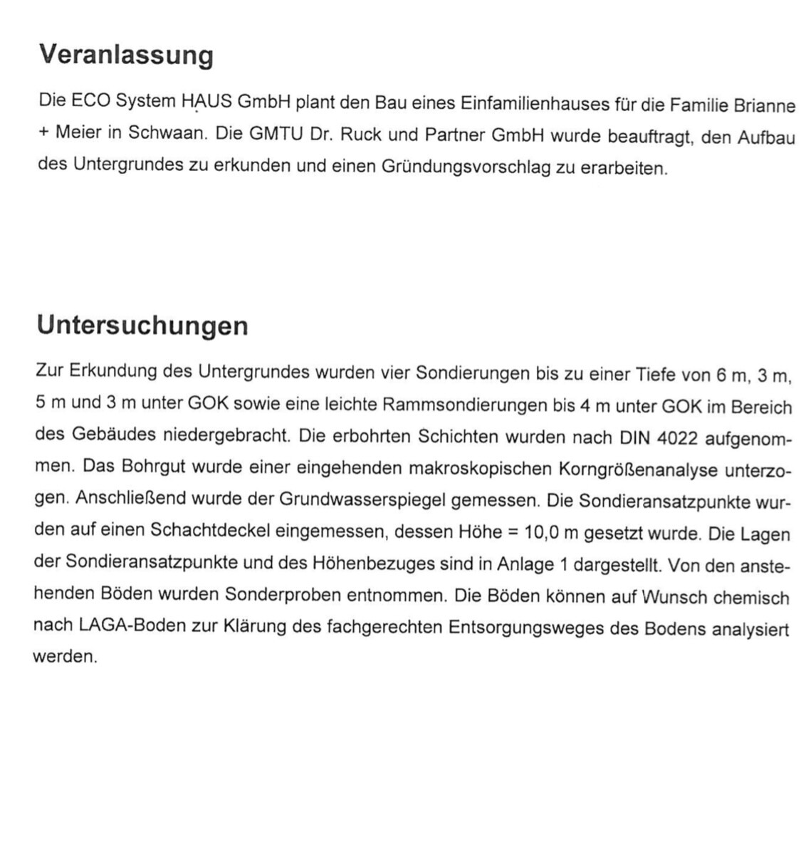 Dokument mit den Abschnitten Veranlassung und Untersuchungen zum Baugrund und Grundwasserspiegel.