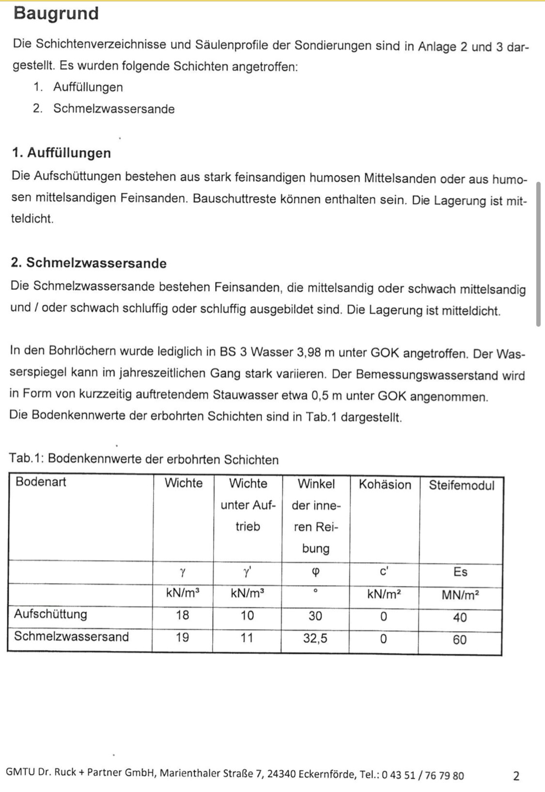 Dokumentseite Baugrund: Schichten Aufschüttungen und Schmelzwassersand mit Tabelle