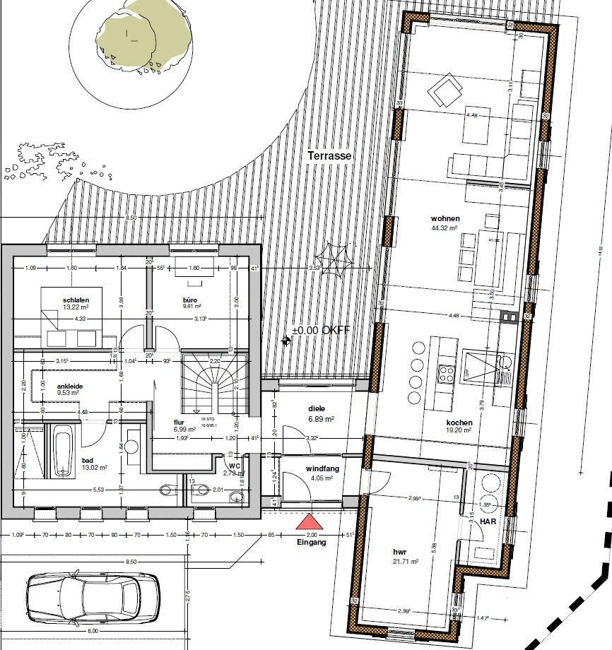 Detailed floor plan of a house with terrace, showing living area, kitchen, and entrances