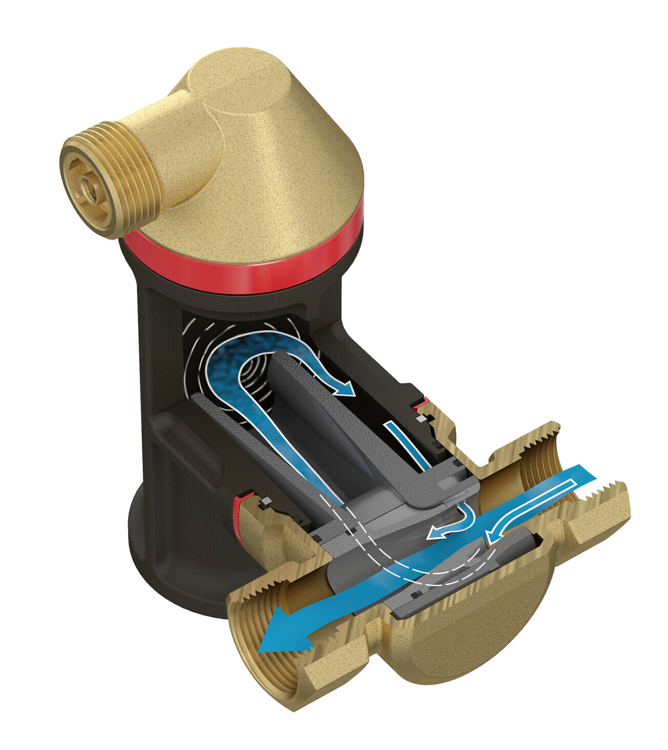Cut brass pressure regulator with internal mechanism; arrows show flow direction.
