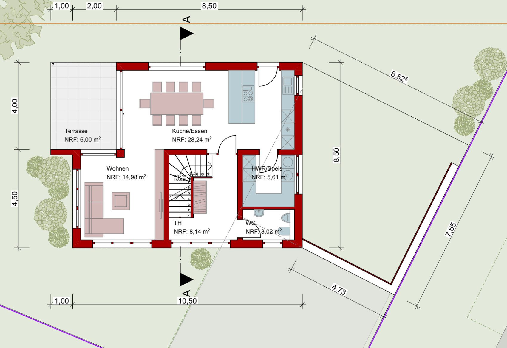 2D Grundriss eines Hauses mit Küche, Esszimmer, Wohnzimmer, Terrasse und Garten.