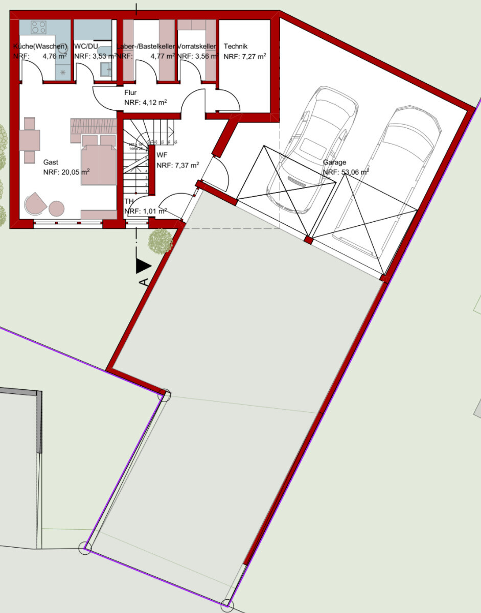 2D-Grundriss eines Hauses mit Garage, Flur, Küche und Bad, klare Raumnutzung