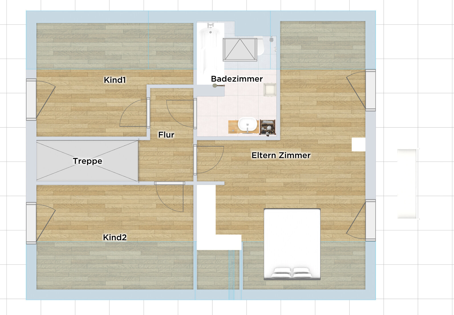 Grundriss Obergeschoss: Elternzimmer, zwei Kinderzimmer, Flur, Bad, Treppe.
