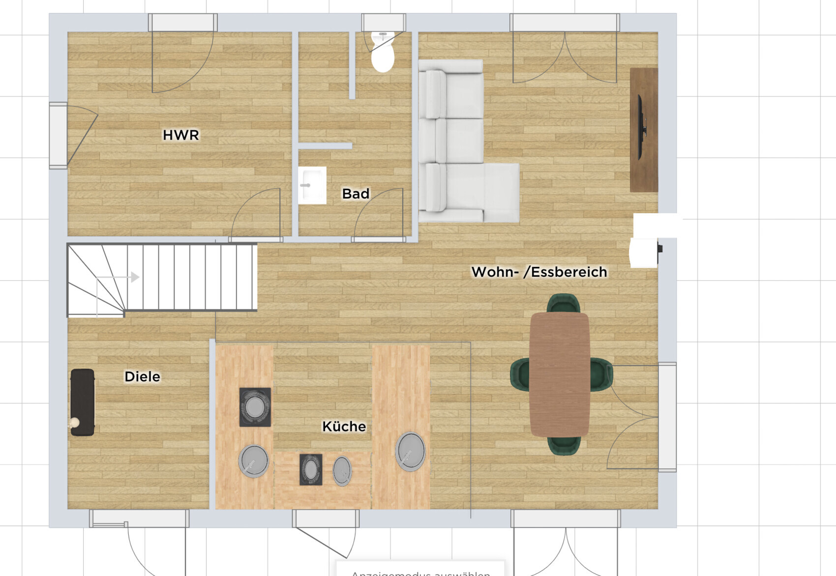 Grundriss eines Wohn-/Essbereichs mit Küche, Bad, Diele, HWR und Treppe.
