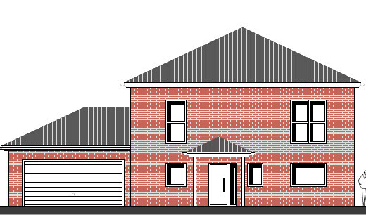 Two-story red brick house with garage on the left, gray pitched roofs, and entrance porch.