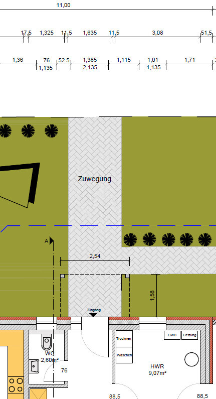 Floor plan of a house with driveway, entrance, utility room, and WC.