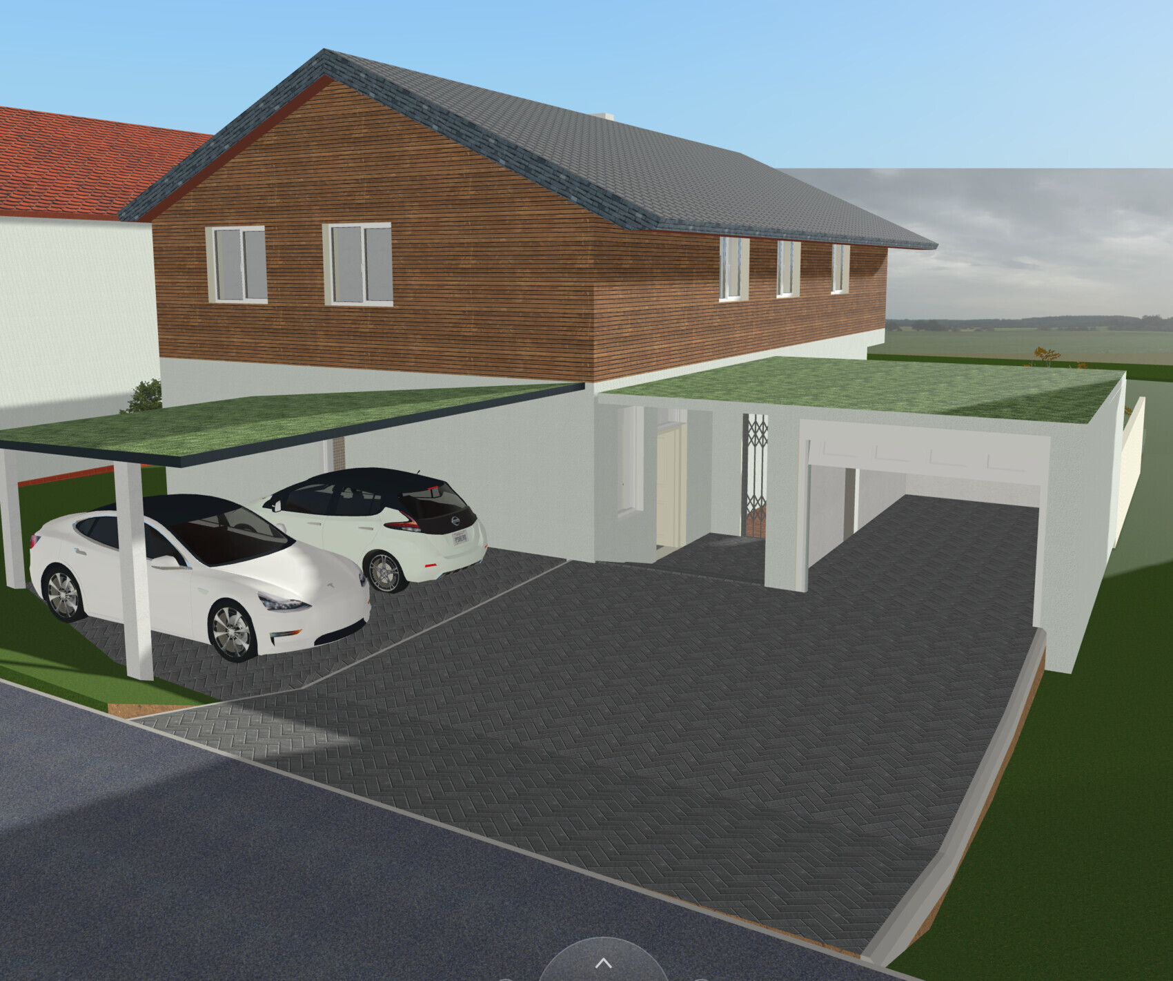 Two-story house with wooden facade, carport with two cars, and paved driveway.