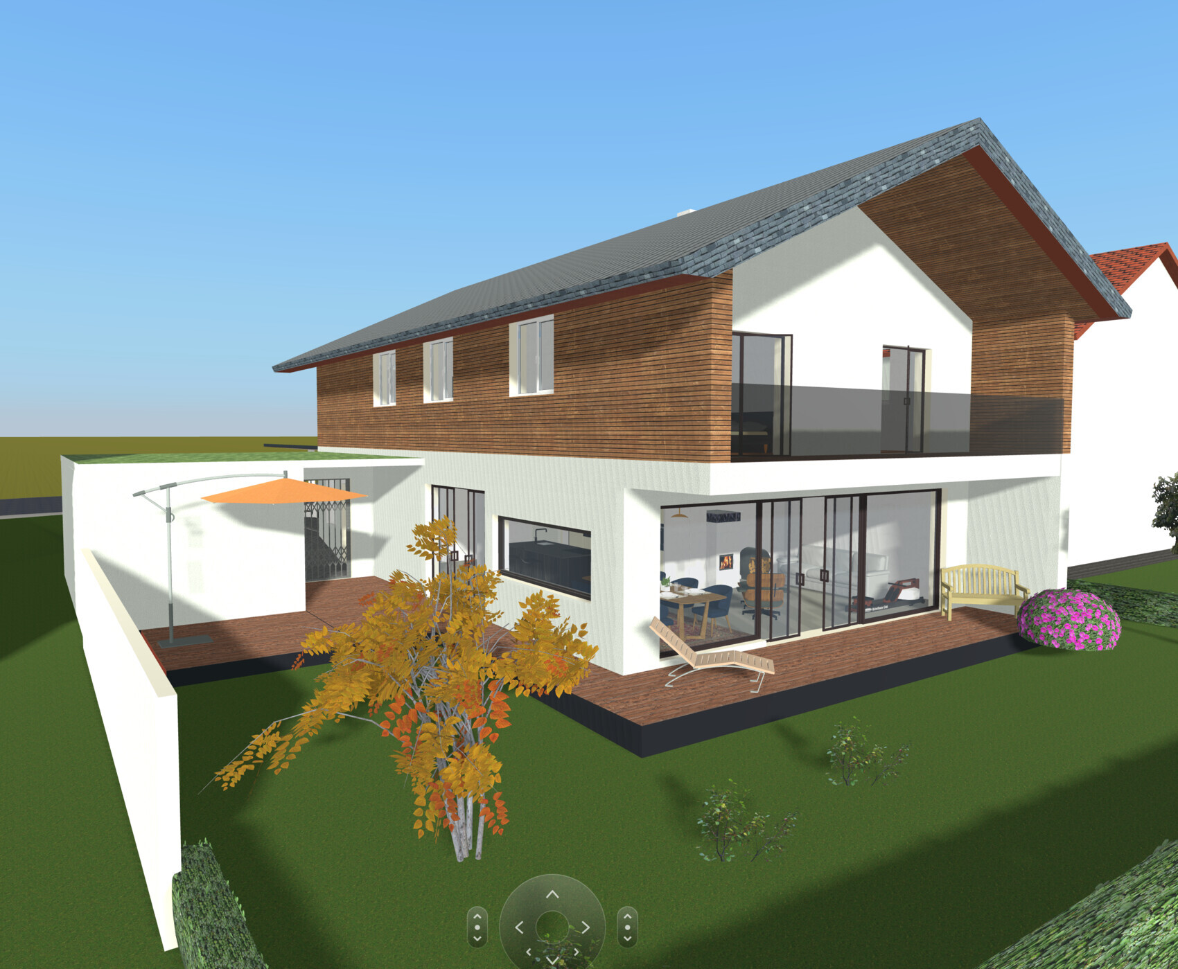 Modern two-story house front with wood cladding, glass fronts, and garden terrace.
