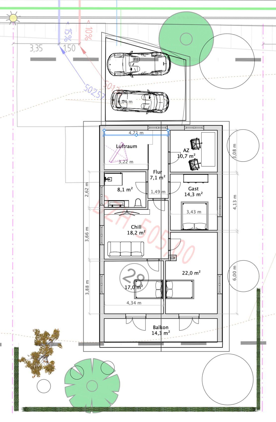 Floor plan of a house with several rooms, balcony and parking space.