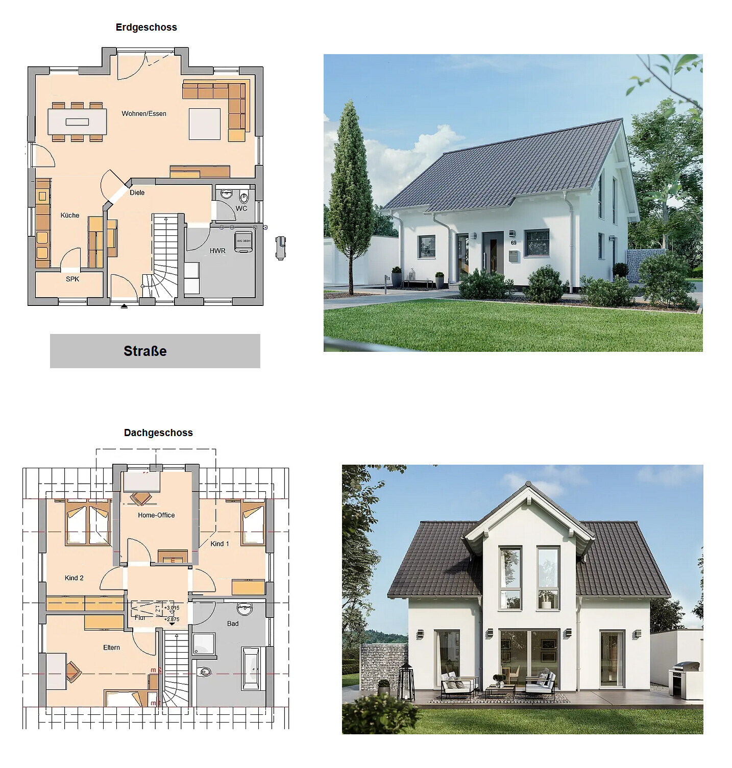 Collage: floor plans ground floor and upper floor left; two modern houses right.