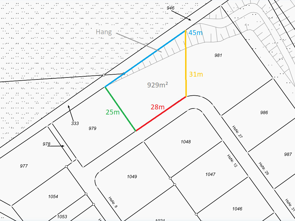 Cadastral map: colored boundary lines (45m blue, 31m yellow, 28m red, 25m green); 929 m²; slope.