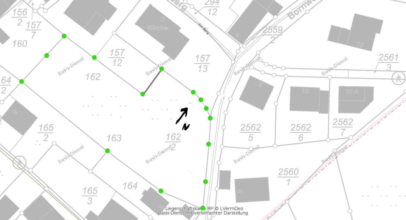 Map showing a route with green waypoints along a road, arrow pointing north.