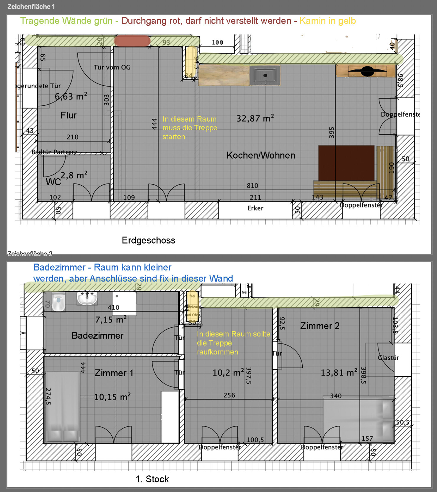 Floor plan of a two-story house: ground floor kitchen/living area, hallway, restroom; upper floor bathroom, rooms 1–2.
