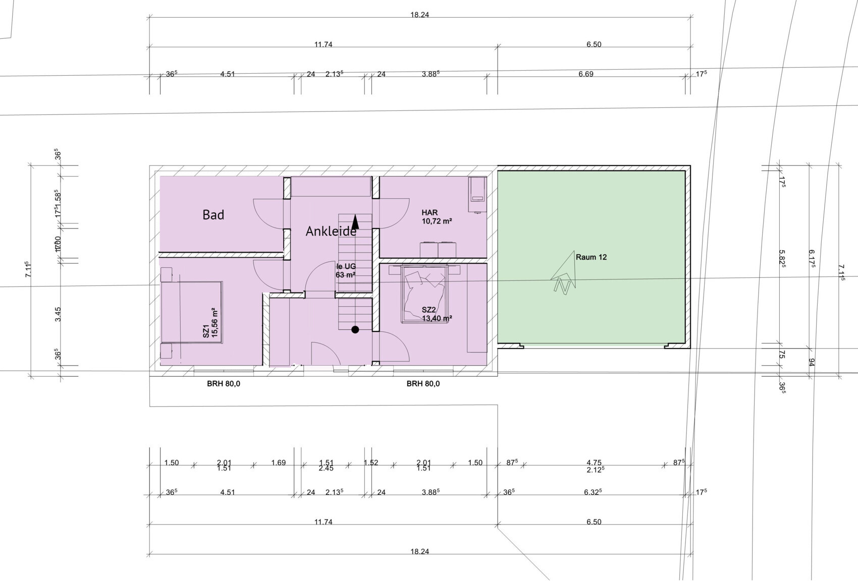 Grundriss eines Hauses: linke Räume mit Bad, Ankleide, SZ1, SZ2, HAR; Treppe; Raum 12 grün.