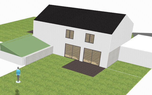 White two-story house with black roof, terrace, garden, and one person on the left.
