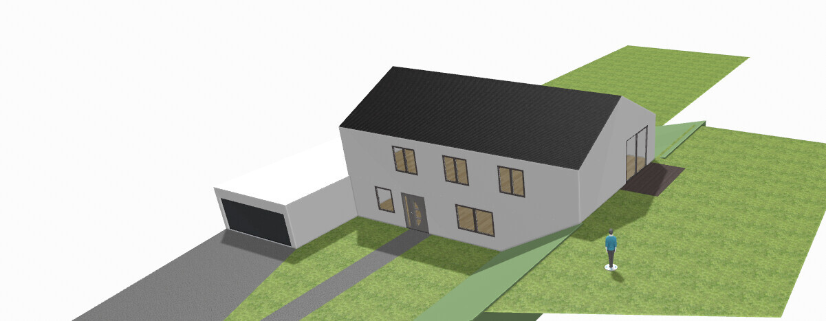 Two-story gray house with dark roof, garage, garden path, and standing person on lawn.