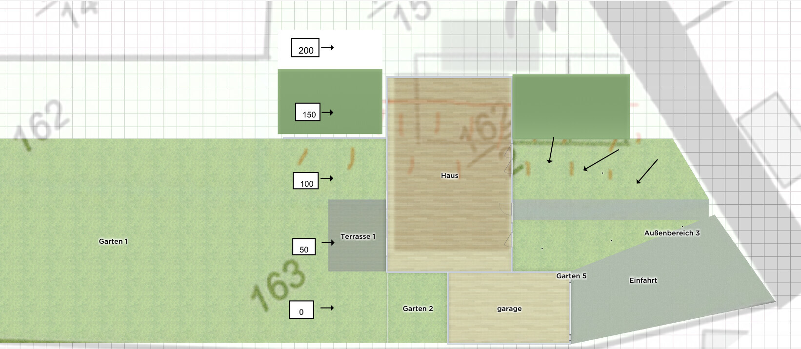 Garden layout with central house, terrace, gardens, garage, and driveway.
