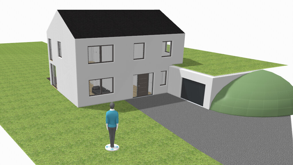 Modern two-story villa with garage and green dome roof; person standing on the lawn.