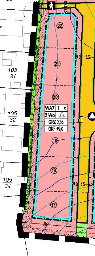 Site plan: pink rectangle (no. 17–22) with blue outline, green-yellow surroundings.