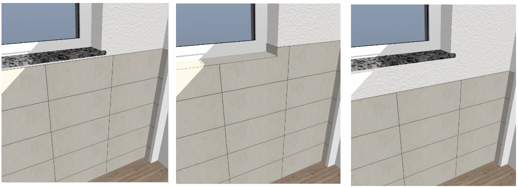 Three-part interior shot: beige tiled wall, dark granite windowsill, window at top left