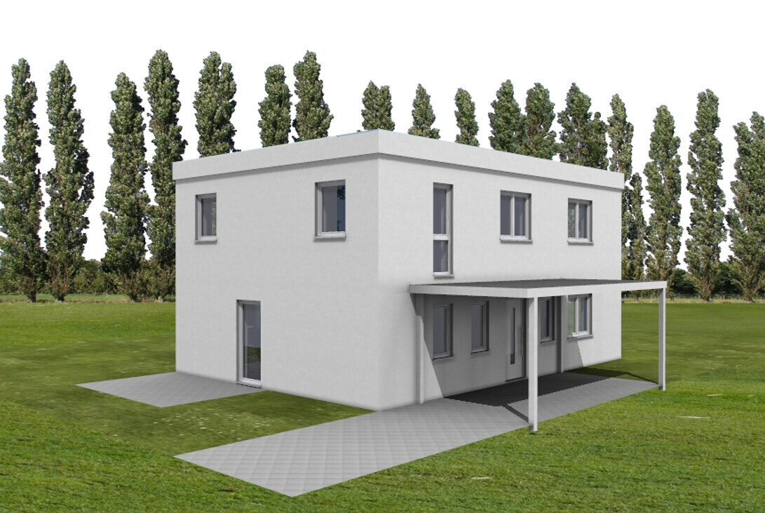 Modern white house with flat roof, carport, and paved path on green plot.