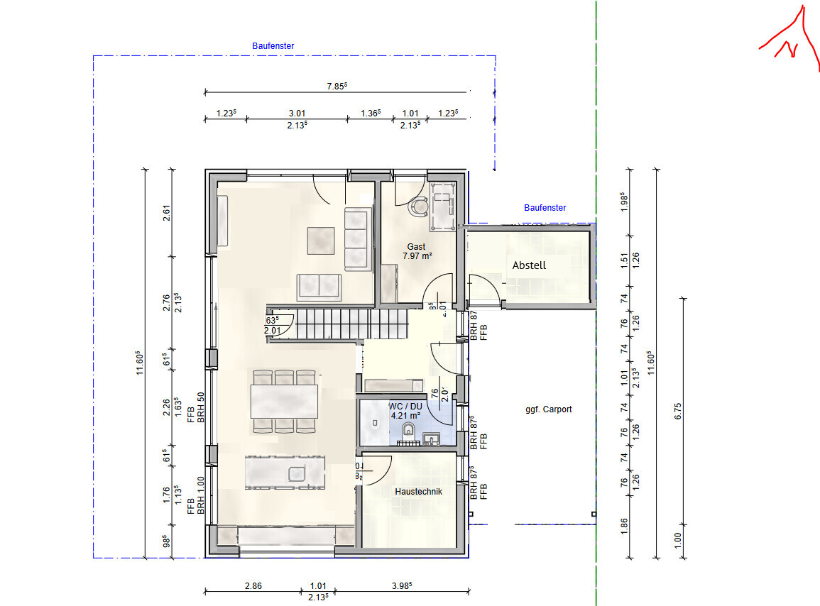 Grundriss eines Hauses: Wohnzimmer, Küche, Gastzimmer, Abstellraum, WC/DU, Haustechnik, Carport.