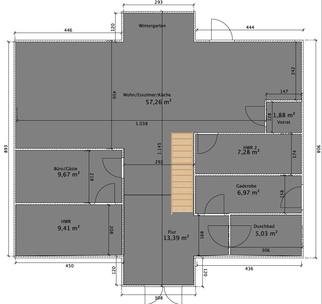 Ground floor plan: conservatory, living/dining/kitchen, office, hallway, shower bath.
