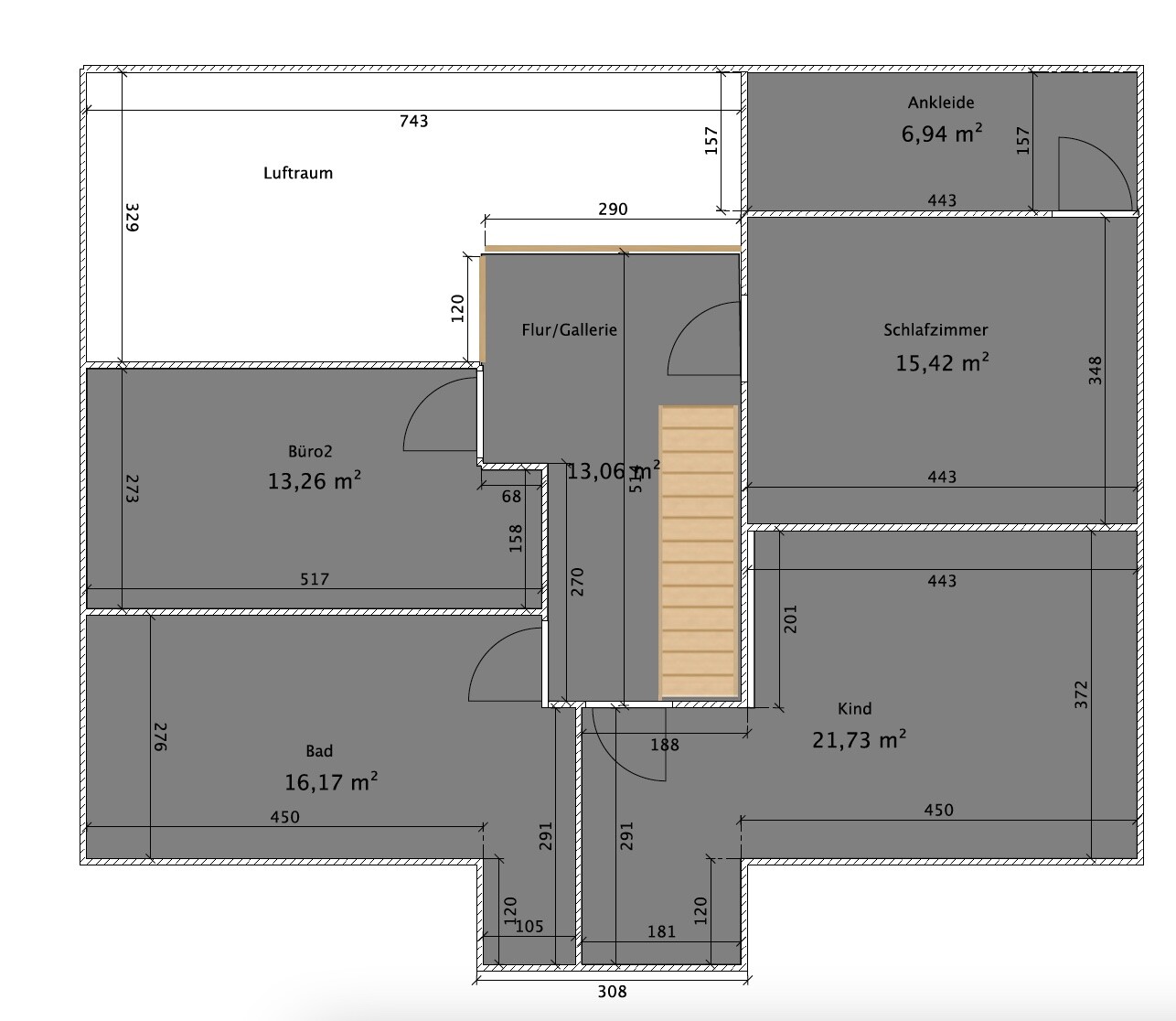 Floor plan of a house with hallway/gallery, office 2, bathroom, bedroom, child’s room and walk-in closet; dimensions.