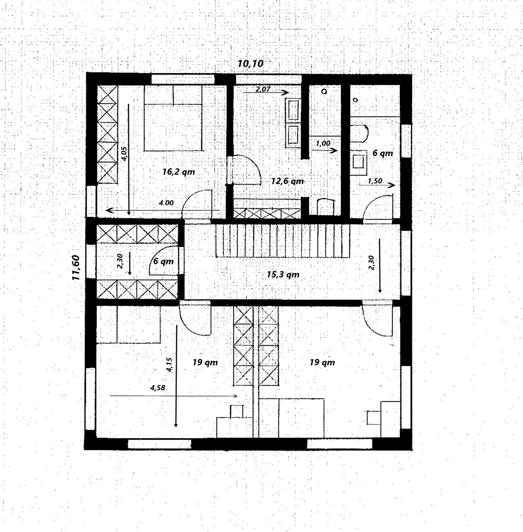 Black-and-white floor plan of a house with multiple rooms, central staircase and sqm indications.