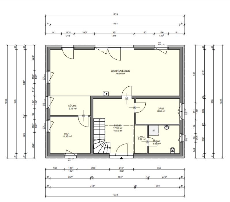 Floor plan of a house: Large living/dining room, kitchen, hall, guest room, bathroom, cloakroom, stairs.