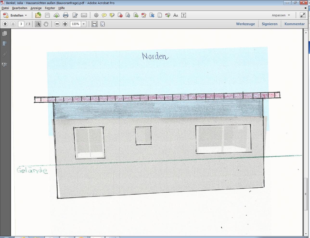 Sketch of a house exterior with flat roof and three windows, terrain edge.