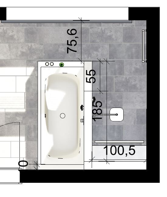 Grundriss eines Badezimmers: Badewanne, Waschbecken, Fliesenboden, Maßangaben in cm