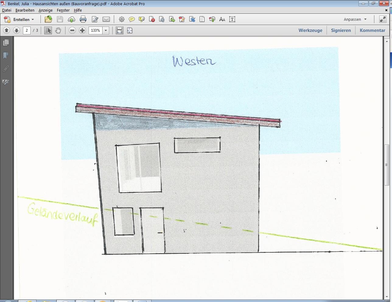 Sketch-style house view with shallow sloping roof and terrain slope at the ground level