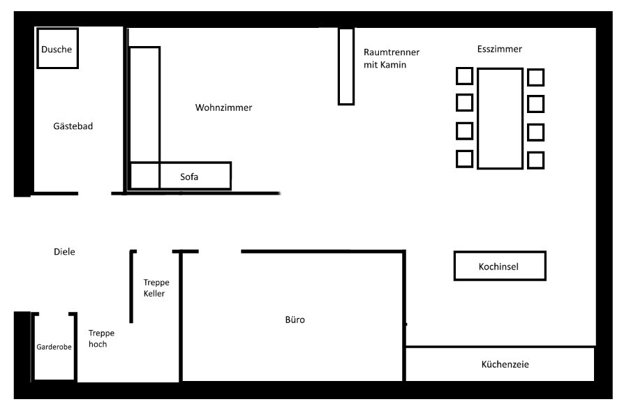 Grundriss eines Hauses: Wohnzimmer links mit Sofa, Esszimmer rechts, Küche mit Insel, Büro und Diele.